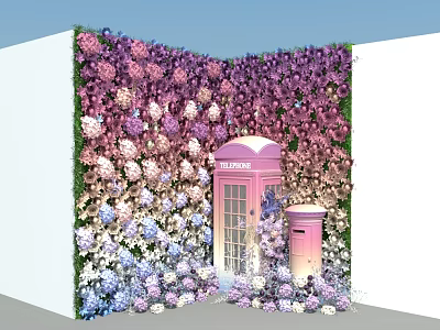 Vibrant Flower Wall with Pink Telephone Booth and Colorful Floral Decor 3d model