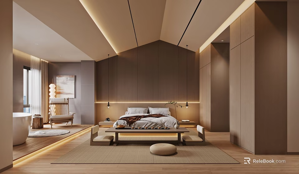 Modern Hotel Room Interior With Cozy Wooden Decor Soft Lighting Large Bed And Warm Rug 3d model 