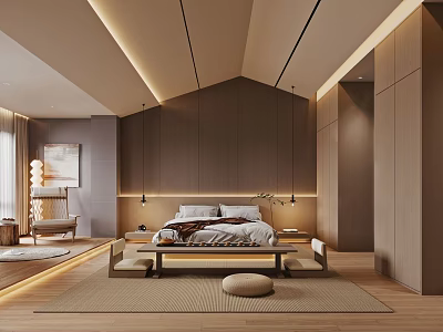 Modern Hotel Room Interior With Cozy Wooden Decor Soft Lighting Large Bed And Warm Rug 3d model