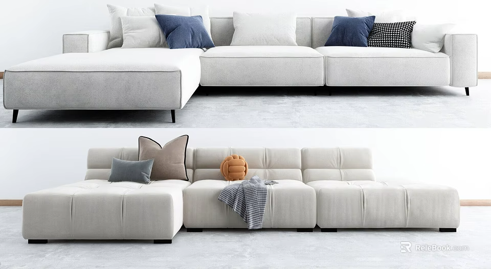 Modern Light Colored Sectional Sofa With Accent Pillows Throw Blanket And Decorative Items 3d model