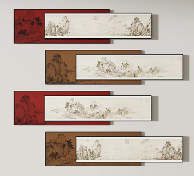 Traditional Chinese Landscape Paintings with Red Brown Frames as Wall Decor Hanging on White Wall 3d model