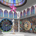 Unique Garden Decor Setup With Large Clock Gear Decorations And Stained Glass 3d model