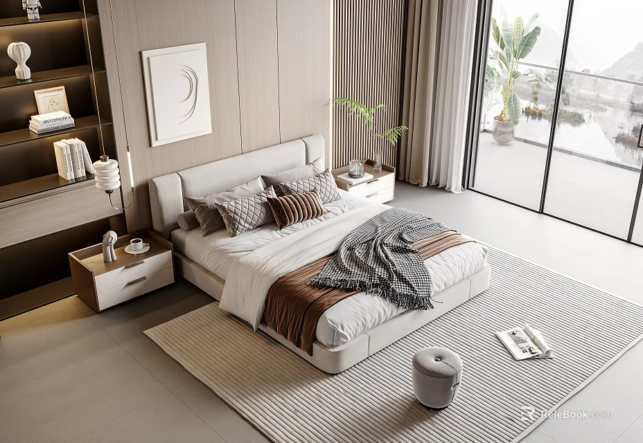 Modern Double Bed with Upholstered Headboard Pillows Blanket and Nightstand in Bright Bedroom 3d model 
