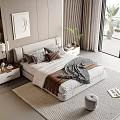 Modern Double Bed with Upholstered Headboard Pillows Blanket and Nightstand in Bright Bedroom