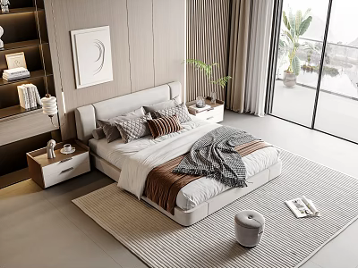 Modern Double Bed with Upholstered Headboard Pillows Blanket and Nightstand in Bright Bedroom 3d model