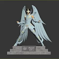 Prince Saint Statue Featuring Divine Blue Wings And Golden Armor On Stone Pedestal