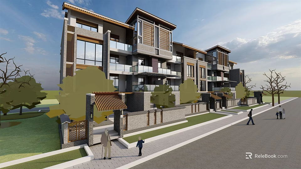 Modern Townhouse Exterior Design With Balconies Large Windows Greenery And Pedestrian Street View 3d model 