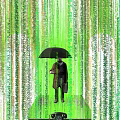 Green Code Rain Background With Person Holding Umbrella And Console Interface 3d model