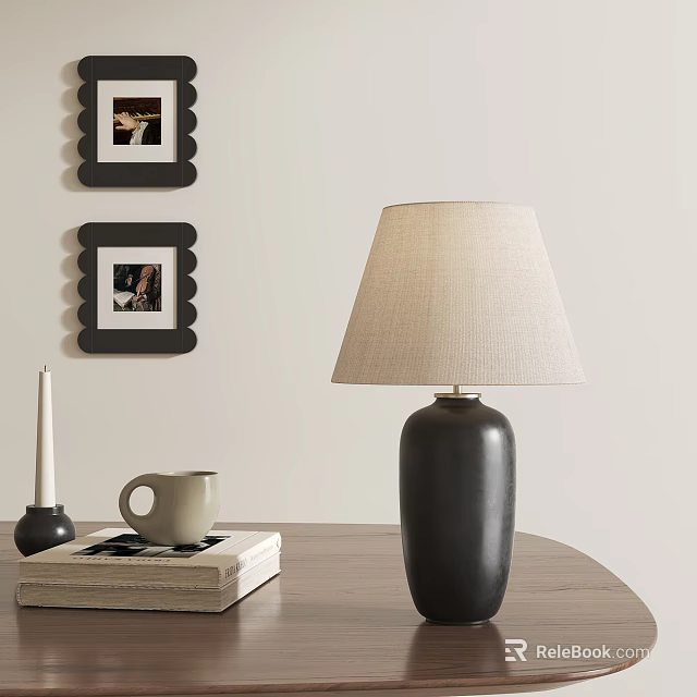 Minimalist Table Lamp With Black Base And Linen Shade On Table With Book Mug Frames 3d model 