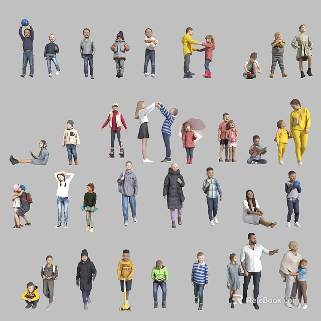 Group of People in Various Poses Wearing Different Casual Clothing Standing and Sitting 3d model 