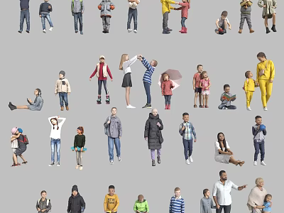 Group of People in Various Poses Wearing Different Casual Clothing Standing and Sitting 3d model