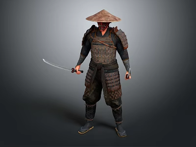 3D Rendered Game And Movie Character Samurai In Traditional Armor With Straw Hat And Katana 3d model