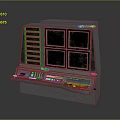 Industrial Control Console With Multiple Green Display Screens And Control Buttons