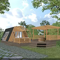 Wooden Cabin Exterior With Pergola Terrace Steps And Surrounding Greenery Trees