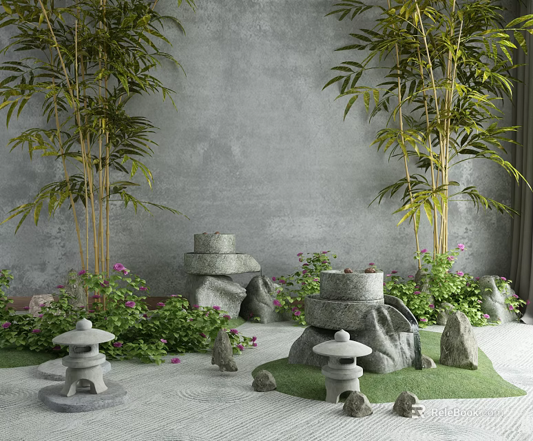 Tranquil Garden Decor Featuring Bamboo Plants Gray Wall Stone Lanterns Green Foliage and Pink Flowers 3d model 