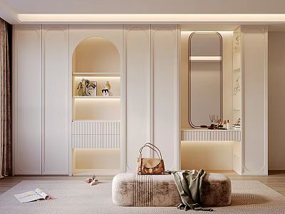 Modern Wardrobe Interior Design With Arched Built in Shelves Mirror And Dressing Area 3d model