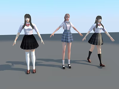 Women in School Uniforms Featuring White Shirts Bow Ties Different Hairstyles Skirts Socks and Shoes 3d model