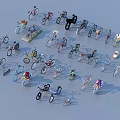Various Bicycle 3D Models with Different Styles and Colors Arranged Around Center