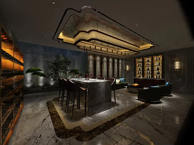 Luxury Interior Design With Bar Counter High Stools Wine Racks Marble Floor And Chandelier 3d model
