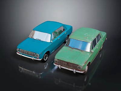 Two Blue and Green Vintage Toy Cars with Classic Retro Design 3d model