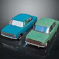 Two Blue and Green Vintage Toy Cars with Classic Retro Design