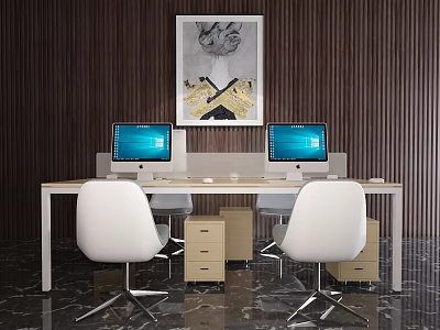 Modern Office Desk Setup With Dual Computer Monitors White Chairs And Dark Wooden Wall Art 3d model