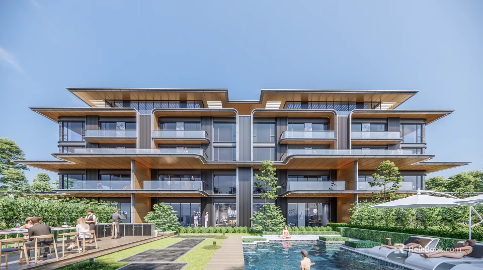 Modern Townhouse Exterior Design With Balconies Swimming Pool And Lush Greenery 3d model 
