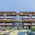 Modern Townhouse Exterior Design With Balconies Swimming Pool And Lush Greenery