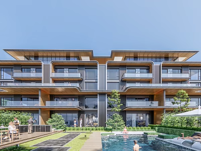 Modern Townhouse Exterior Design With Balconies Swimming Pool And Lush Greenery 3d model