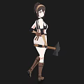Anime Style Woman In White Dress With Brown Boots Headband And Belt Holding Axe