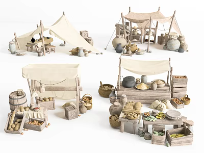Ancient Market Scene With Stalls Tents Clay Pots Grain And Fruits 3d model