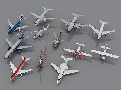 Passenger Plane Models With Various Types And Colors Displayed On Gray Background 3d model