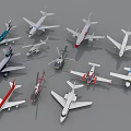Passenger Plane Models With Various Types And Colors Displayed On Gray Background