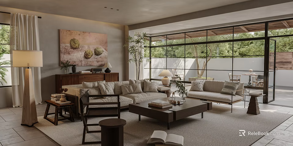 Modern Living Room Interior With Sofa Coffee Table Large Windows And Greenery Outside 3d model 