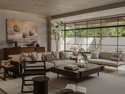 Modern Living Room Interior With Sofa Coffee Table Large Windows And Greenery Outside 3d model
