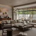 Modern Living Room Interior With Sofa Coffee Table Large Windows And Greenery Outside