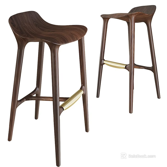 Modern Walnut Bar Stools With Brass Accents Ergonomic Seat And Sturdy Wooden Legs 3d model 