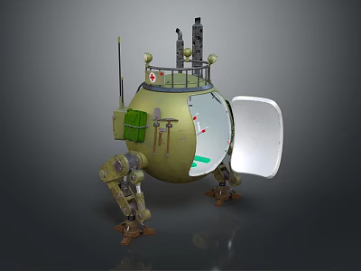 Green Dome Shaped Mechanical Device With Antenna Tools Open Door And Mechanical Legs 3d model