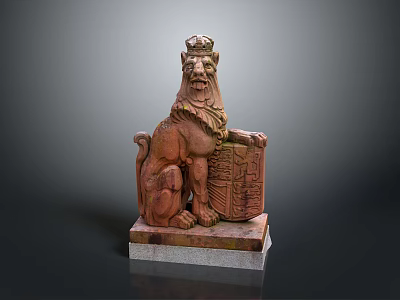 Crowned Lion Statue With Claw Resting On Shield And Marble Base 3d model
