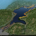Aerial View Planning Of Lake Green Spaces And Forested Surroundings With Buildings And Winding Paths