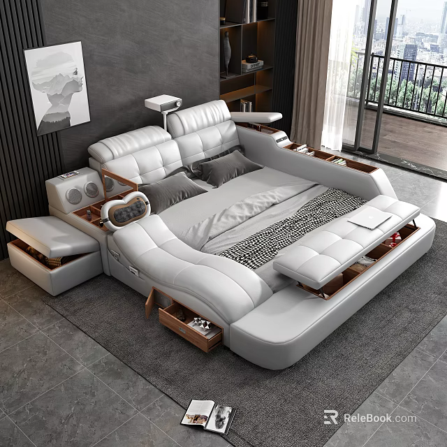 Modern White Leather Double Bed With Storage Drawers And Built in Side Tables 3d model 
