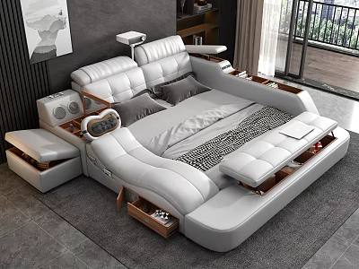 Modern White Leather Double Bed With Storage Drawers And Built in Side Tables 3d model