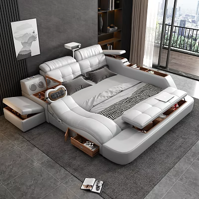 Modern White Leather Double Bed With Storage Drawers And Built in Side Tables 3d model