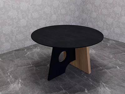 Black Round Dining Table With Geometric Black And Wooden Base On Gray Marble Floor 3d model