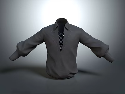 Grey Long Sleeve Shirt With Loose Cuffs Collared Neck And Decorative Lace Up Front 3d model