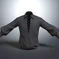 Grey Long Sleeve Shirt With Loose Cuffs Collared Neck And Decorative Lace Up Front