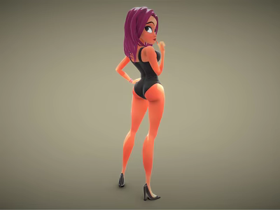Animated Female Character With Purple Hair In Black Bodysuit And High Heels Standing Pose 3d model