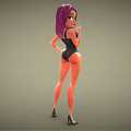 Animated Female Character With Purple Hair In Black Bodysuit And High Heels Standing Pose