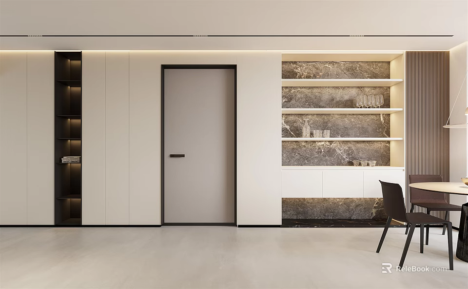 Modern Entryway Hallway Design With Minimalist Door And Stone Open Shelves 3d model 