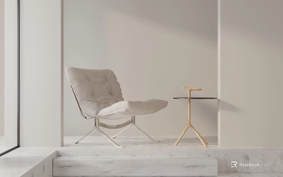 Modern Minimalist Upholstered Leisure Chair With Metal Frame And Wooden Side Table On Marble Floor 3d model 